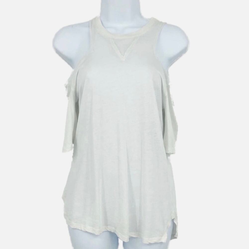 Bcbgeneration Women T-Shirt XXS White Cold Shoulder Short Sleeve Crew Neck Hi Lo